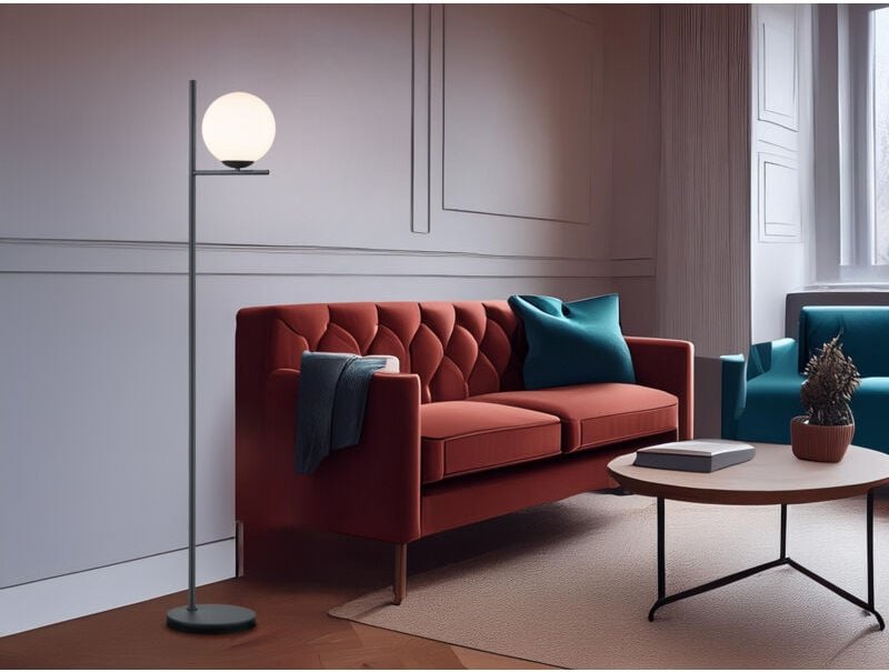 Meinewunschleuchte - Retro led Stehleuchte Schwarz mit Glaskugel Lampenschirm Weiß, Höhe 150cm