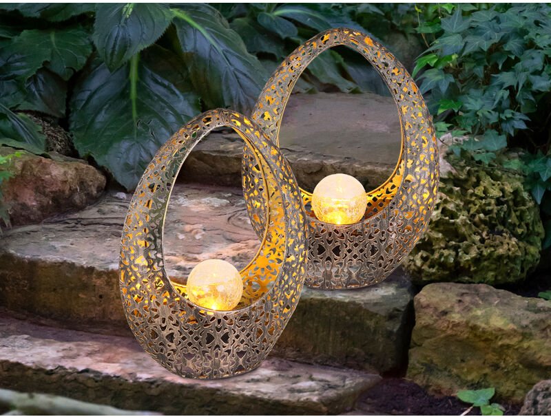 Meinewunschleuchte - Solarleuchten 2er Set mit Glaskugel, Dekorstanzungen Bronzefarben, Höhe 27,5cm