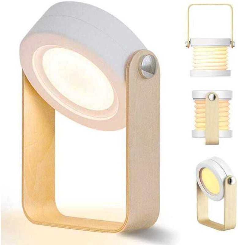 Thumbnail - Dimmbare Touch LED Nachttischlampe Retro Tischlampe mit Holzgriff 3 Helligkeitsstufen Faltbare tragbare Tischlampe mit