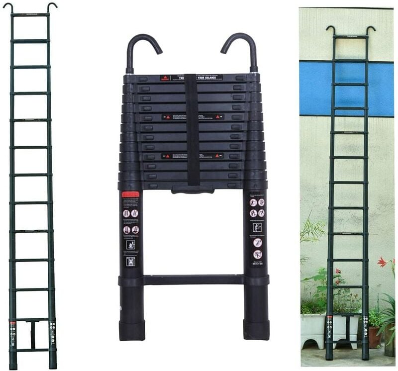 3,8m Teleskopleiter Ausziehleiter mit Abnehmbarem Haken für Wohnmobil/Dachboden/Büro/Warenhaus Mehrzweckleiter (Schwarz)