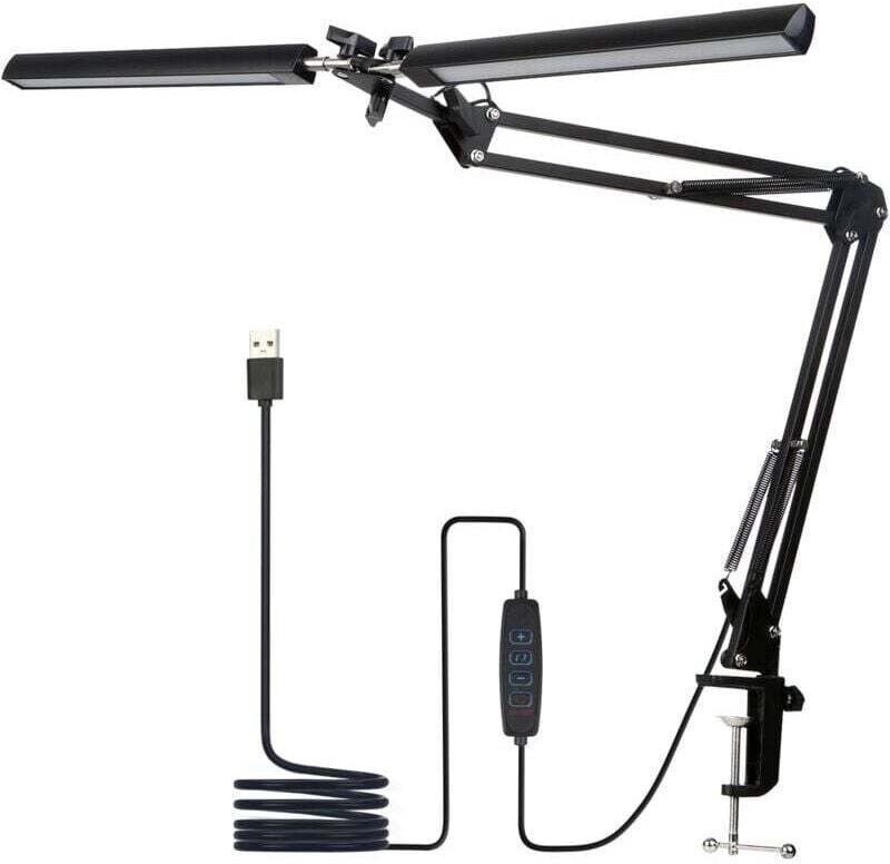 LED-Schreibtischlampe, Doppelkopf-Schreibtischlampe, 5 Farbmodi, 5 Helligkeitsstufen, flexibler Schwanenhals und platzsp...