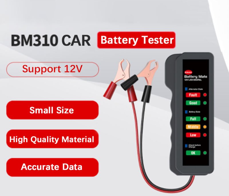 12-V-LED-Batterietester für Autos und Motorräder mit Display, kompaktes ABS-Gehäuse, Überladewarnung, 12-V-Spannung, Tem...