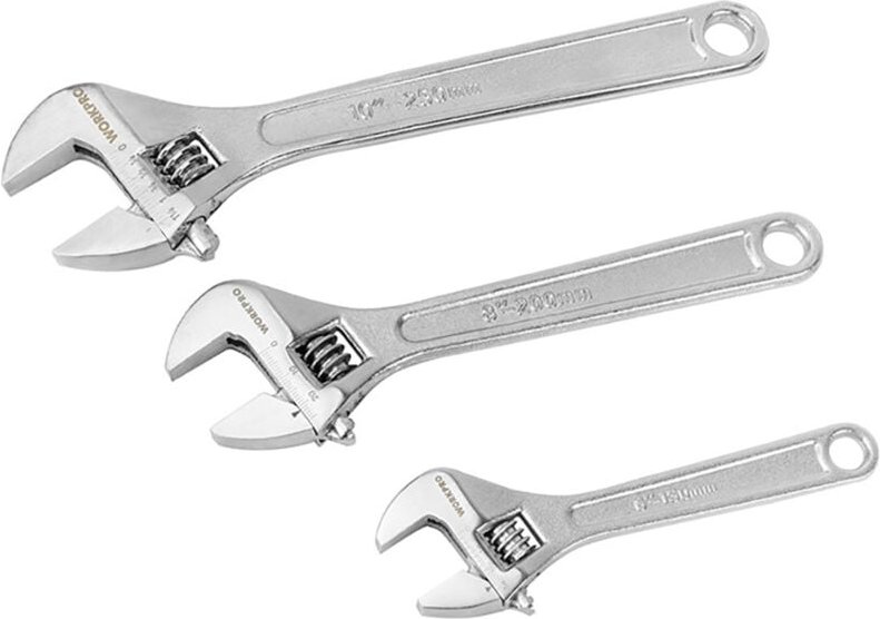 Set mit 3 verstellbaren Schraubenschlüsseln (15/20/25cm) aus rost- und korrosionsbeständigem Chrom-Vanadium-Stahl