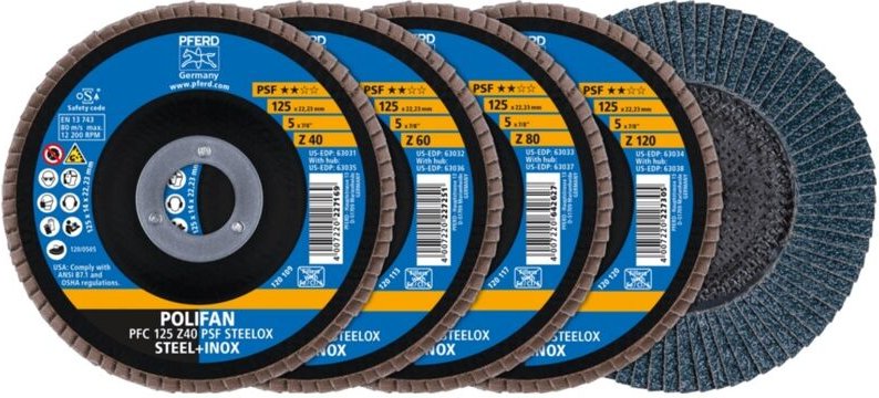 Pferd - polifan Fächerscheiben Set pfc 125 konisch Z40/60/80/120 psf steelox für Stahl/Edelstahl