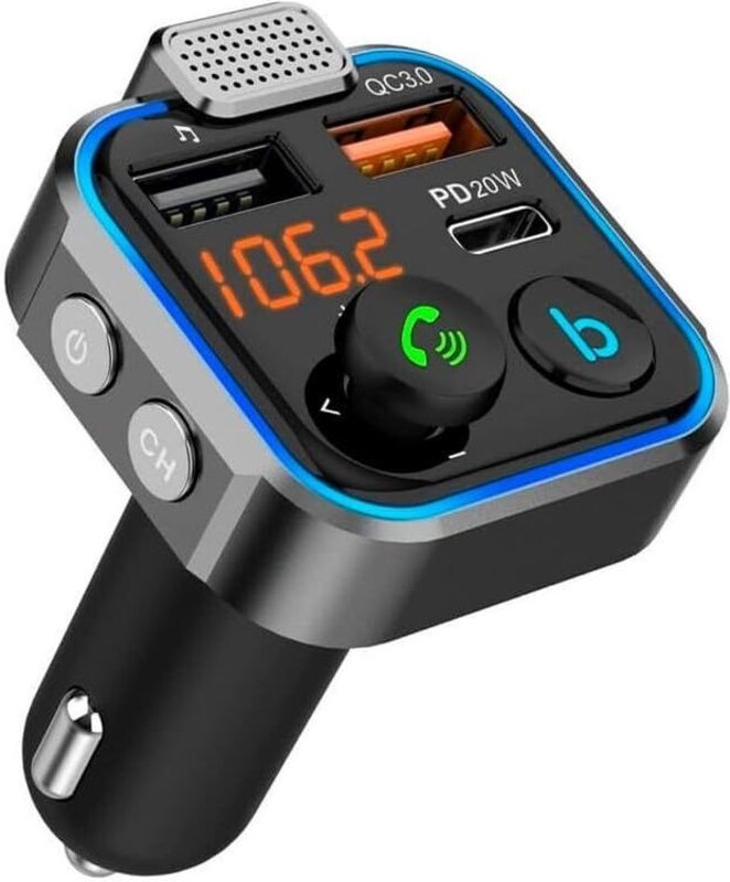 Bluetooth FM-Transmitter – 3 Ladeanschlüsse: 2 USB QC3.0-Anschlüsse + 1 USB Typ C PD 3.0-Anschluss, 20 W, Freisprechfunk...