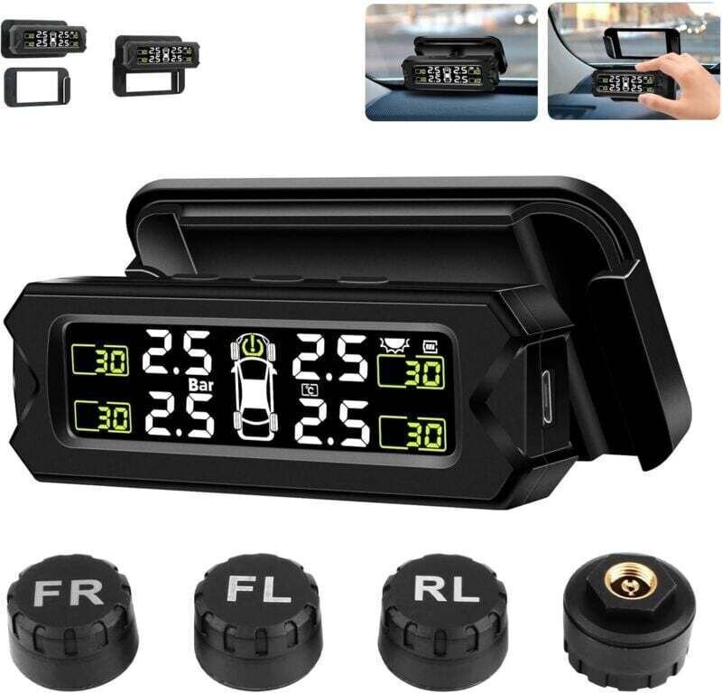 Kabelloses Reifendruckkontrollsystem (14–87 PSI) – Einstellbarer Winkel – 4 Sensoren – Solar- und USB-Ladefunktion – Ech...