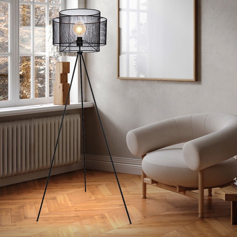 Stehlampe Stativleuchte Metall Stehleuchte schwarz Deckenfluter rund Käfig Wohnzimmer, Metall, Fassung 1x E27, DxH 60x15...