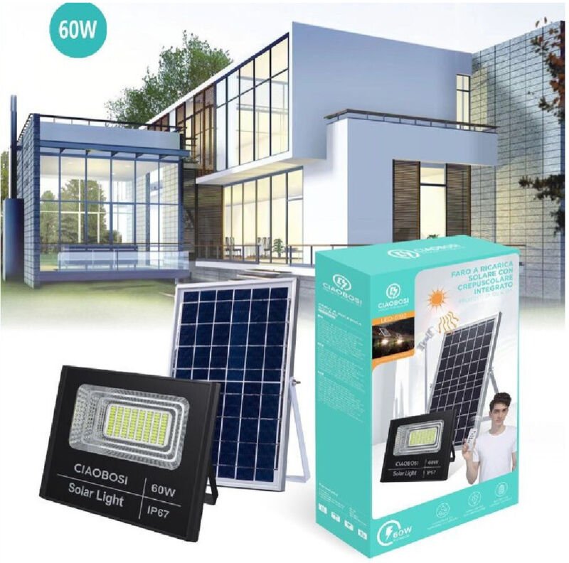 Trade Shop Traesio - Trade Shop - faro faretto led pannello solare fotovoltaico IP67 60 w mit telecomand LED-8192 -