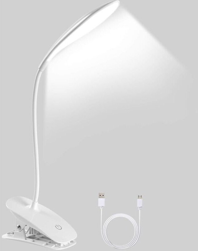 LED-Schreibtischlampe, Klemmleuchte, 360° drehbare, USB-wiederaufladbare Leselampe mit Klemme, 3 einstellbare Farbtemper...