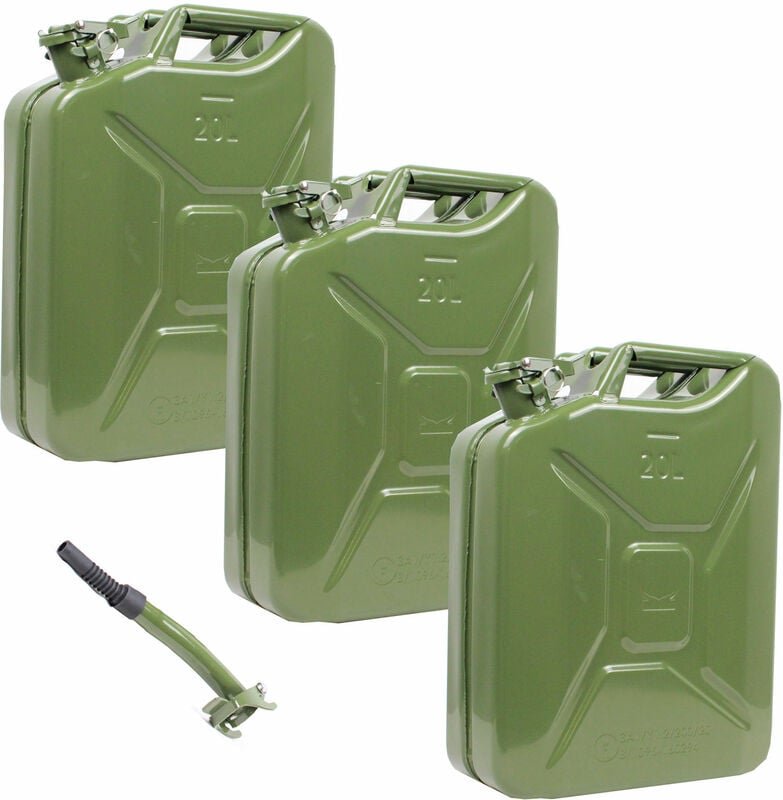 3x 20l Benzinkanister aus olivgrünem Metall inkl. Ausgießer geeignet für z.B. Benzin oder Diesel