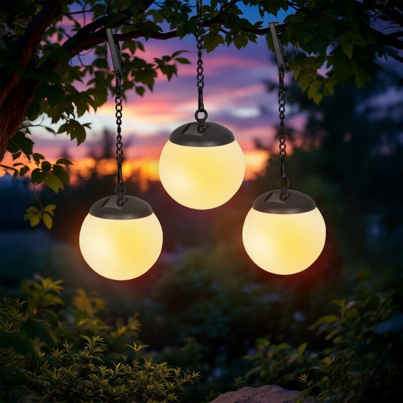 Led Solar Leuchtkugel weiß zum Hängen 29x10 cm - 3er Set - Garten Hängeleuchte warm weiß mit Metallkette