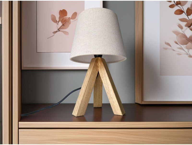 Thumbnail - Meinewunschleuchte - Tischlampe mit Dreibein aus Holz, Stoffschirm Creme Weiß, Höhe 27cm