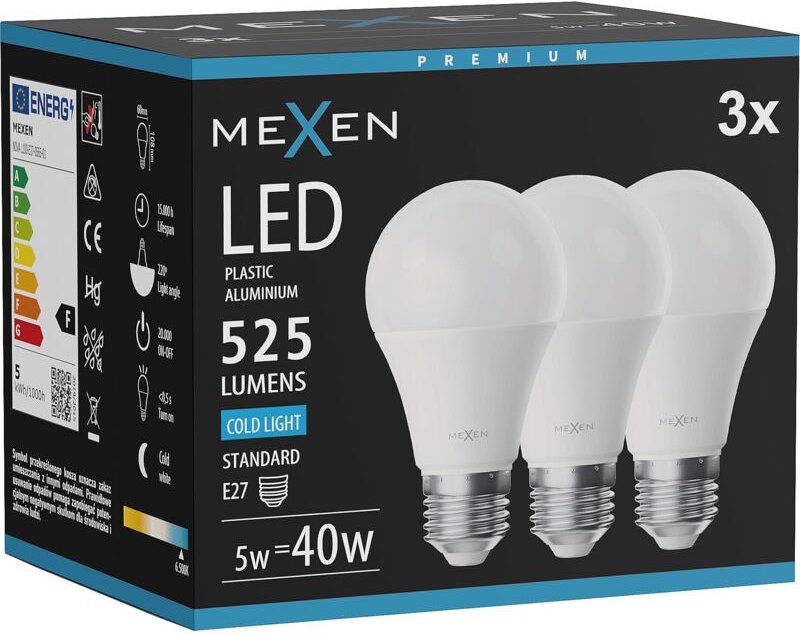 Mexen Nova 3x LED-Glühbirne E27, A60, 5W, Kalt - 6500K, 525 lm - L100-E27-0565-01x03