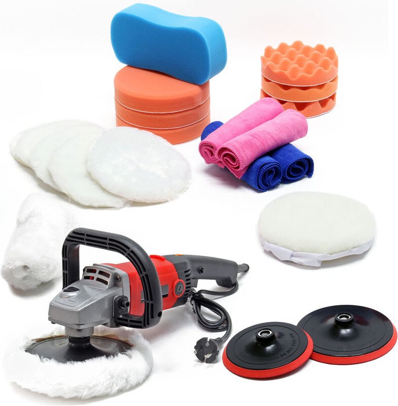Poliermaschine Set aus 21 Teilen 1200W bis 3000 U/min, Schleifgerät mit 6 Stufen inkl. vieler Aufsätze, Tellerschleifer,...