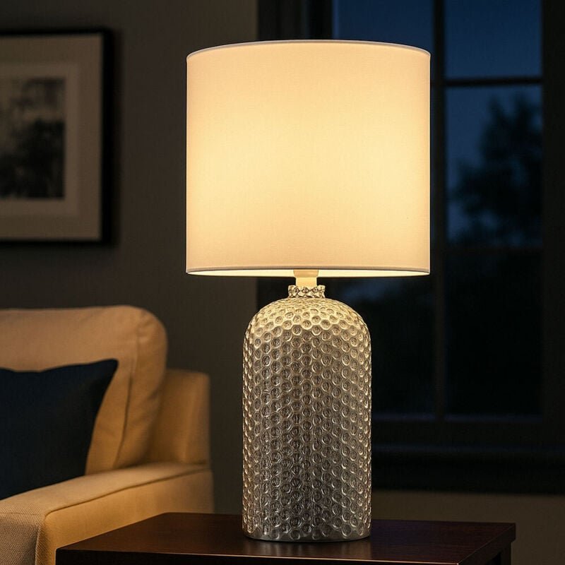 Tischlampe Glas Textil Nachttischlampe Wohnzimmerlampe Tischleuchte weiß, 1x E27 Fassung, DxH 26,5x50 cm