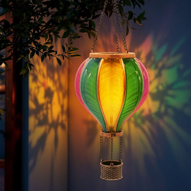 Solar LED Heißluftballon Lampe bunt zum Hängen - 45 cm - Garten Lichtspiel mit Flammen Effekt warm weiß