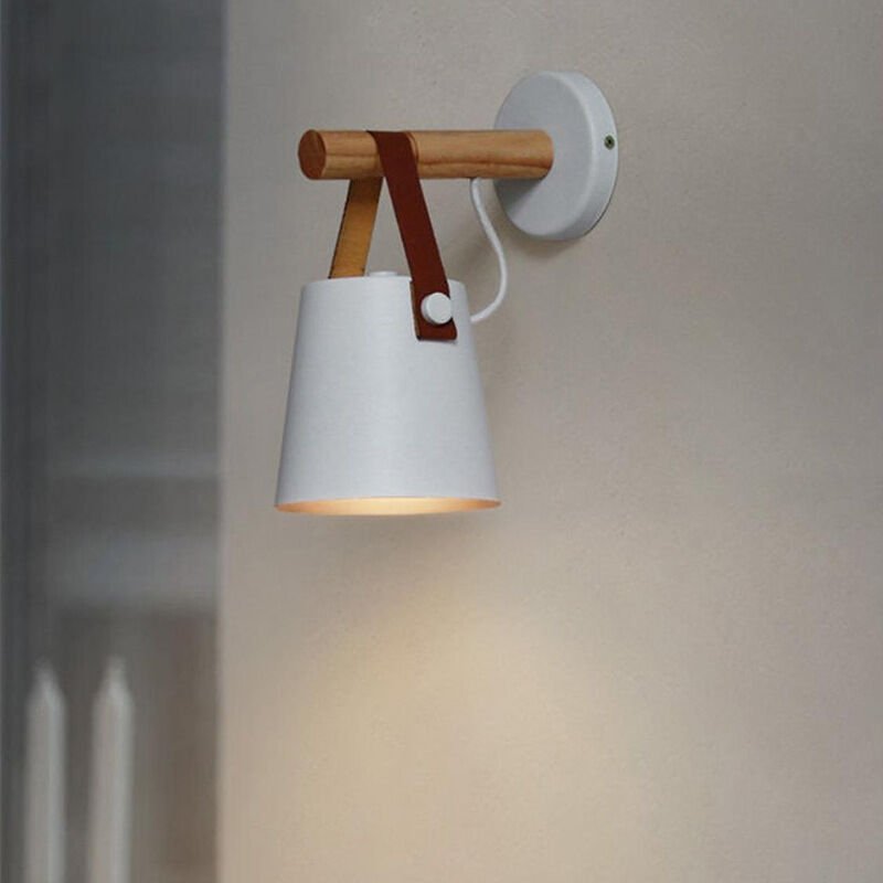 Wandleuchte Innen, Vintage E27 Wandlampe aus Holz Halter, Wandbeleuchtung mit Lampenschirm aus Leder für Schlafzimmer Wo...