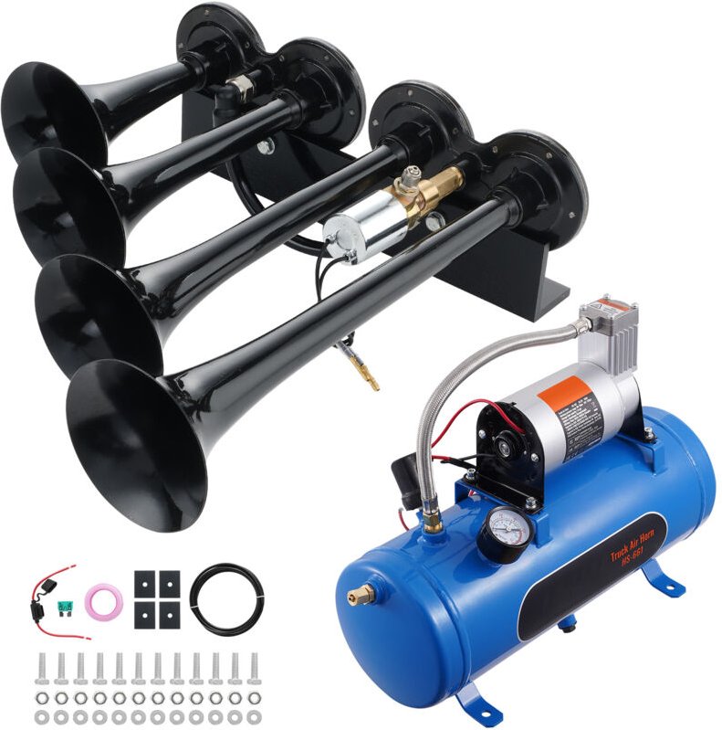Mophorn - 4-Trompeten-Zughupen-Set, 150 dB Drucklufthupen mit 12 v 120 psi Kompressor, 1,6 Gallonen Tank und Messgerät f...