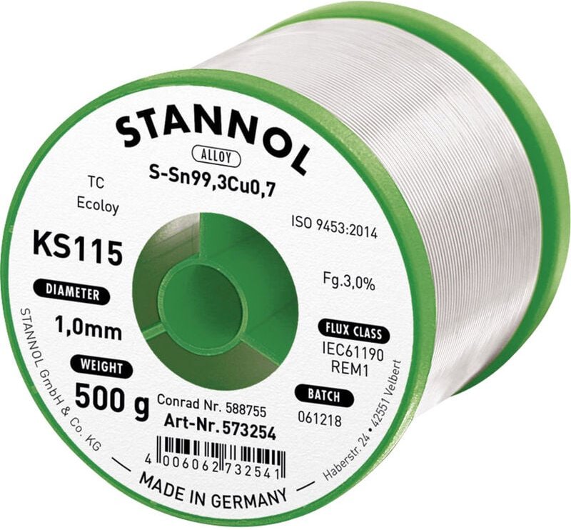 Stannol - KS115 Lötzinn, bleifrei Spule Sn99,3Cu0,7 ROM1 500 g 1 mm