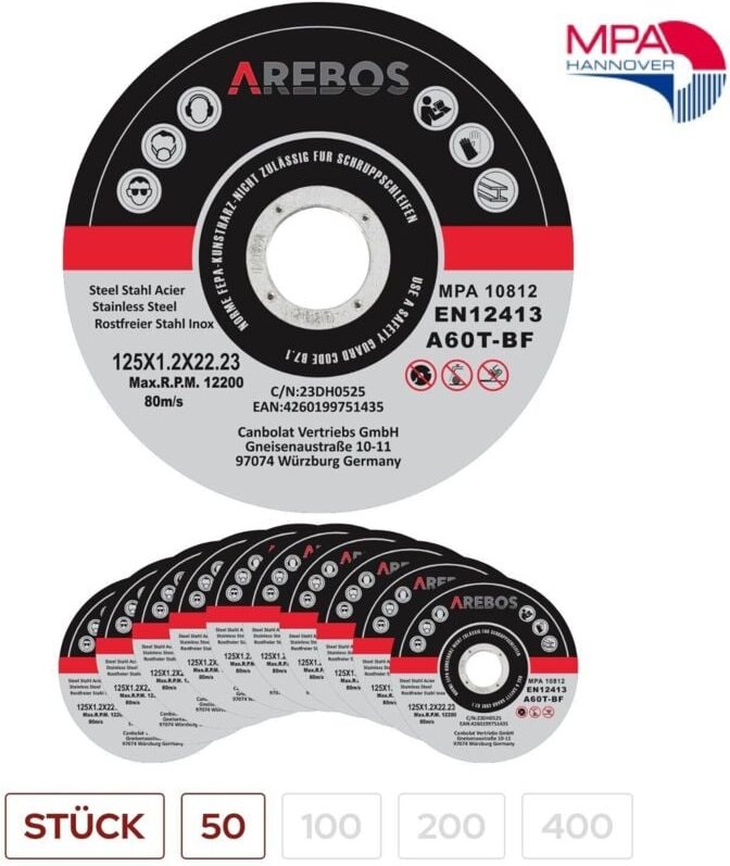 AREBOS Trennscheiben Ø 125 mm, 50 Stück geeignet für Stahl, Edelstahl, Inox, Eisen, Blech, Metall Vor- und Rücklauf EN 1...