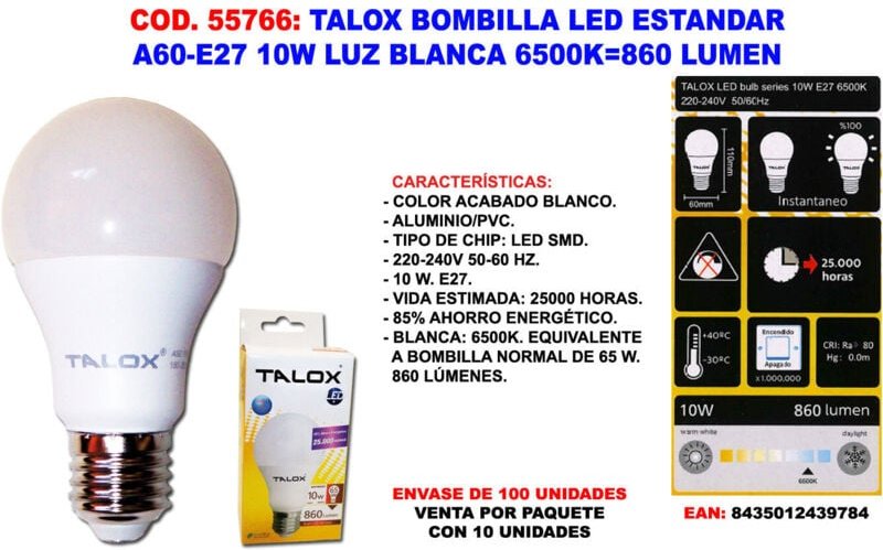 Standard-LED-Glühbirne A60 E27 10 W weißes Licht 6500 K 860 Lumen