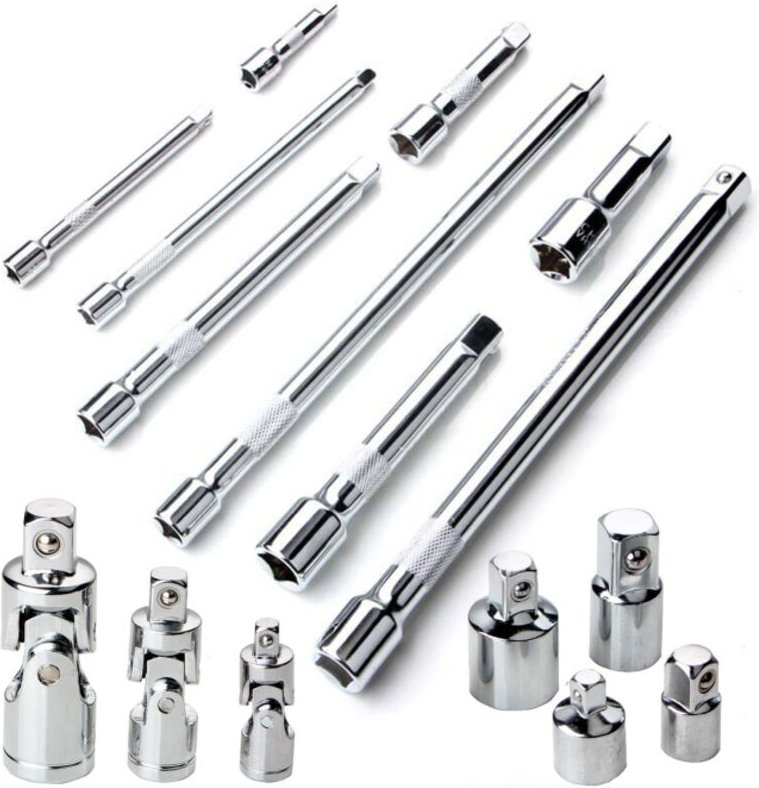 Set di prolunghe per chiavi a bussola Geevorks da 16 pezzi (1/4", 3/8" e 1/2") con 4 adattatori, 3 giunti universali e 9...