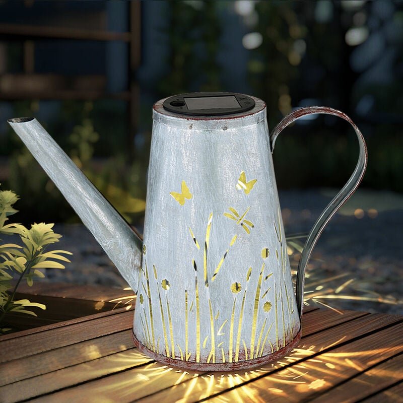 LED Solarleuchte Gießkanne Gartendeko Terrassenlampe Solarlampe, Metall blau antik rost, warmweiß Leuchtdauer 6-8h, LxH ...