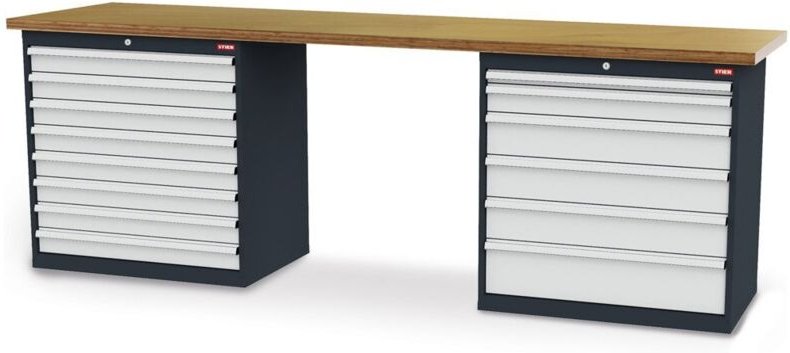 Werkbank BxTxH 2500x600x860 mm mit 2 Schrankgehäusen der Breite 900 mm ral 7016 / ral 7035 - Stier