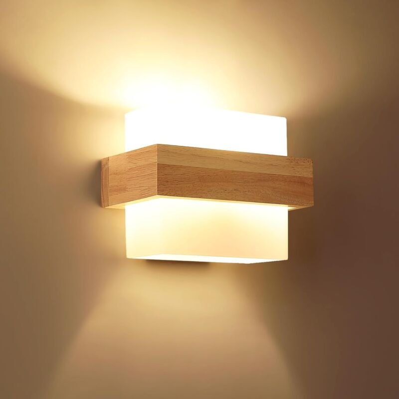 COMELY Innenwandleuchte Holz, Moderne E27 Wandlampe mit Glasschirm, Kreatives Design Wandbeleuchtung Innendekoration für...