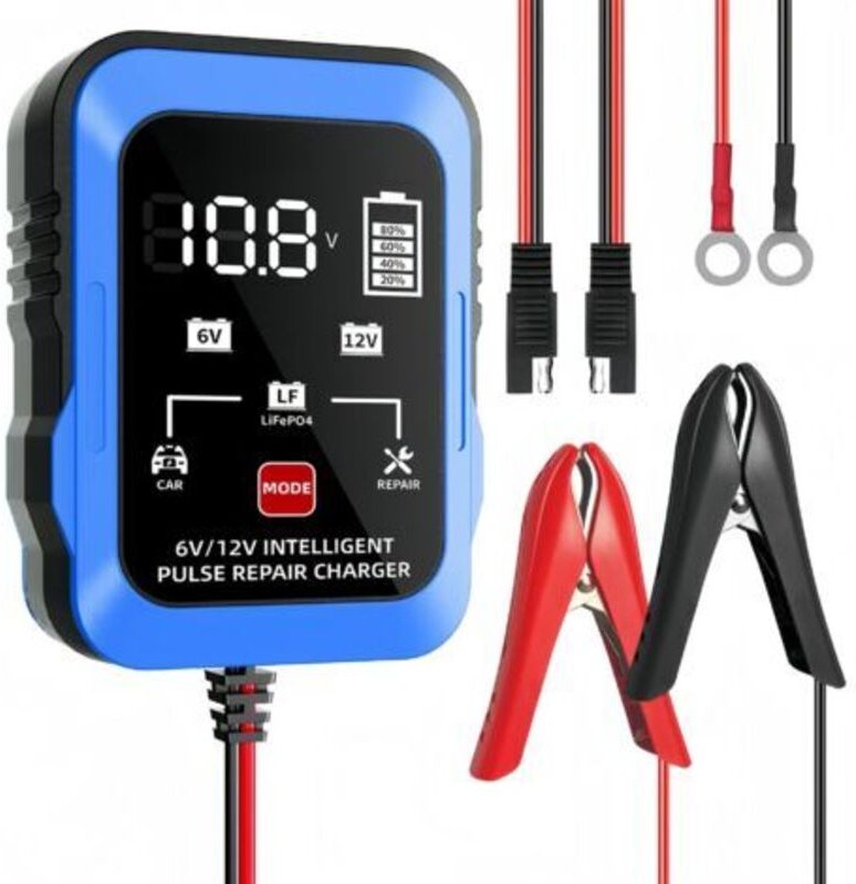 6V/12V Blaues 6V/12V Ladegerät für Auto- und Motorradbatterien, kompatibel mit Blei-Säure-Batterien