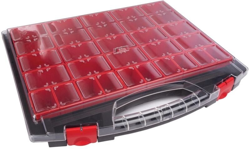 Tayg Sortimentskasten, 25 herausnehmbare Boxen, transparenter Deckel, stapelbar, 430 x 370 x 55 mm, Schwarz/Rot