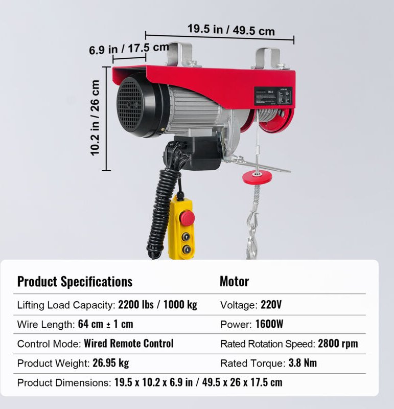 Mophorn - Elektrischer Hebezeug von 2200 lbs Hubkapazität, 1600 w 220 v Stahlseilwinde, 14 Fuß Kabelfernbedienung, 40 Fu...