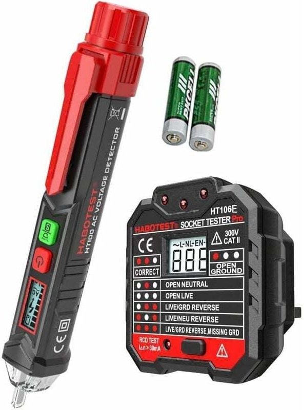 Rotations- und berührungsloser Wechselspannungsprüfer mit erweiterter RCD-Steckdose und LCD-Spannungsanzeige mit Hinterg...