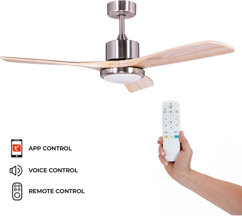 Tramontana dc Deckenventilator 132x40cm 55W Silber mit Holzflügeln, dimmbarem Licht, Timer und Smart App - Kekai