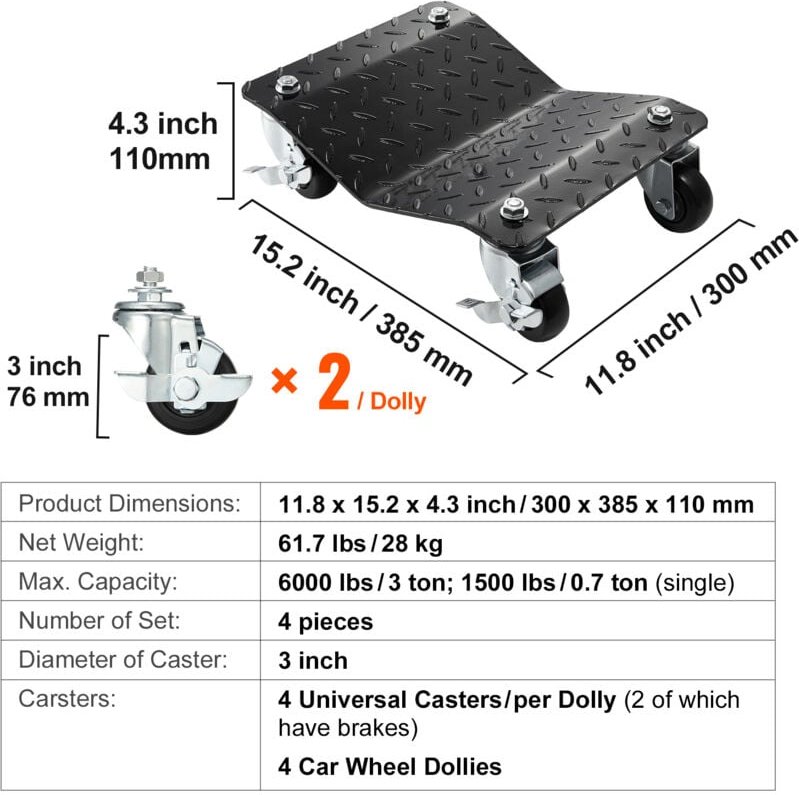 Mophorn - Auto-Transportwagen, Rad-/Reifentransportwagen, 4 Stück, strapazierfähig, Skate-Autoreparaturwagen, 2745 kg