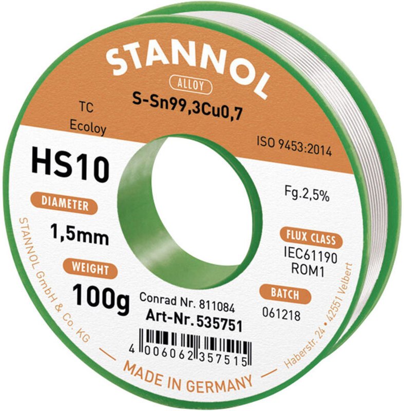 Thumbnail - Stannol HS10 2510 Lötzinn, bleifrei Spule Sn99,3Cu0,7 ROM1 100 g 1.5 mm
