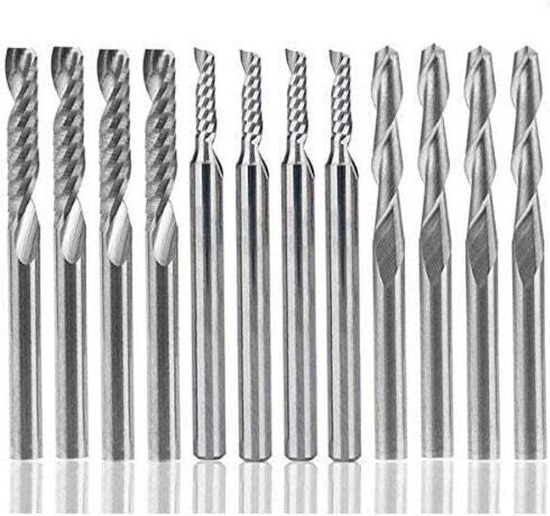 12-teiliges Hartmetall-Fräser-Set, 4 Stück 1/8 Zoll Doppelnut-CNC-Fräser + 8 Stück Einzelnut-Fräser (2 Typen) für Nylon,...