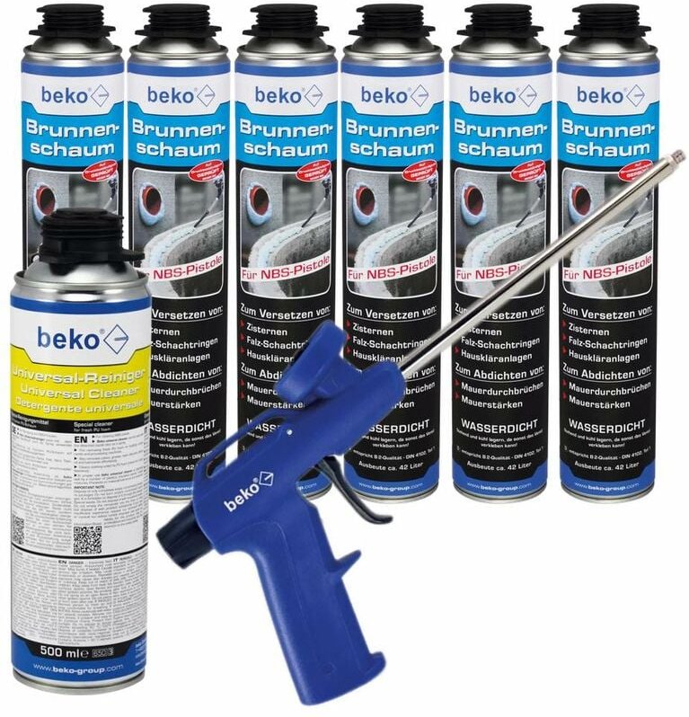 Beko - 6 Stück Brunnenschaum 750 ml für NBS-Pistole inkl. Pistole und PU-Universal-Reiniger
