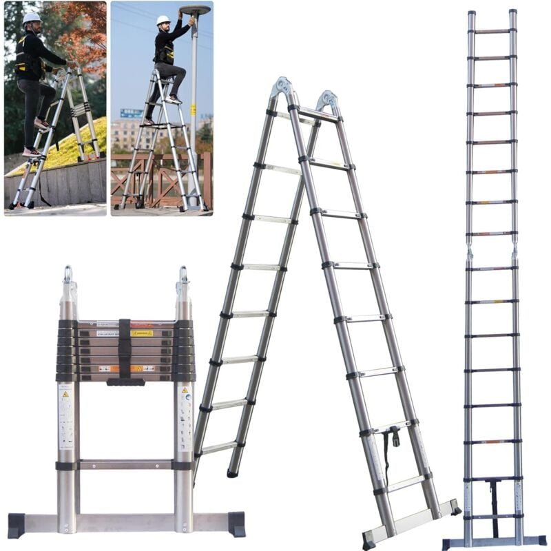Teleskopleiter Klappleiter 5m(2.5m+2.5m) A Typ & Gerade Edelstahl Anti-Rutsch Mehrzweckleiter Ausziehbar Tragbare Leiter...