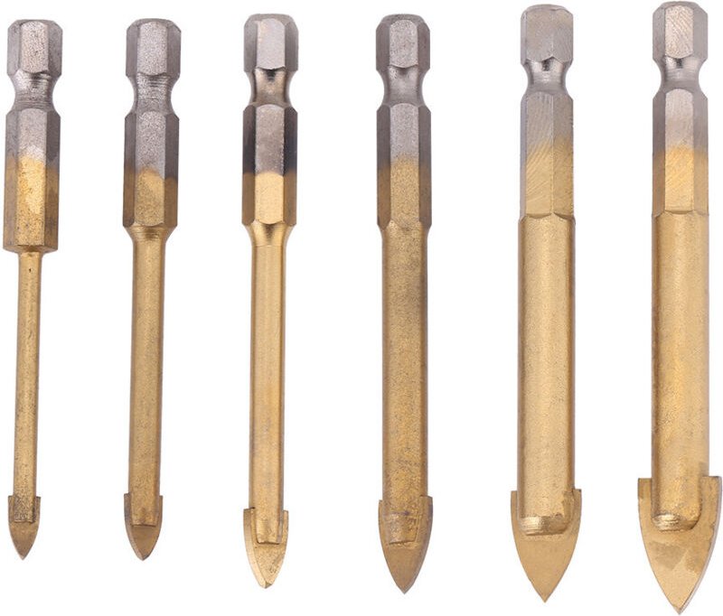 Set mit 6 titanbeschichteten sechseckigen Dreieckbohrern für Glas (4/5/6/8/10/12 mm)