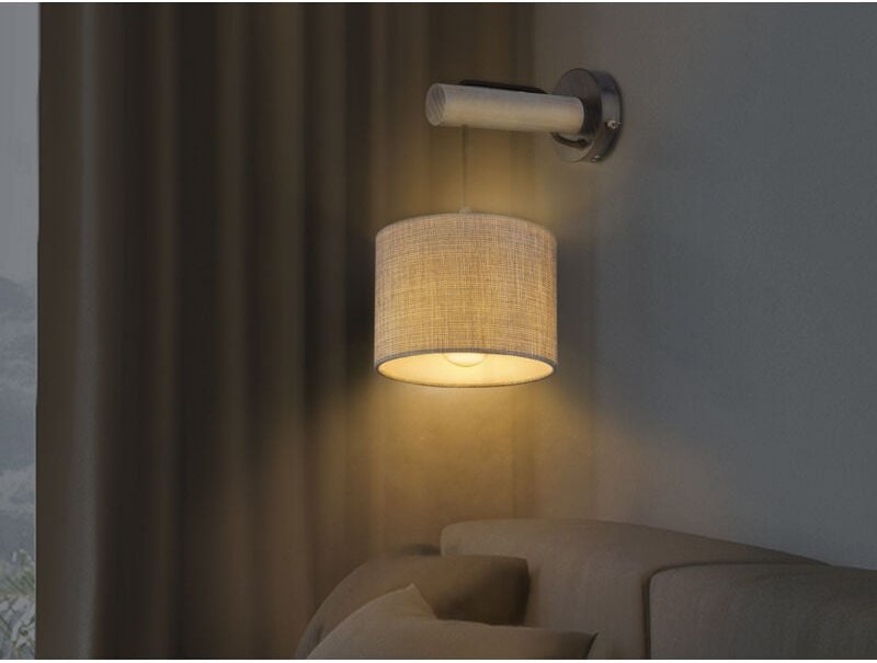 Led Wandleuchte mit Schalter, Holz und Stoffschirm Grau, Höhe 33,5cm