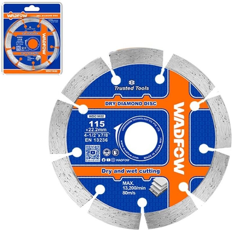WADFOW 115mm Diamant-Trockentrennscheibe, 22,2mm Bohrung, für Winkelschleifer