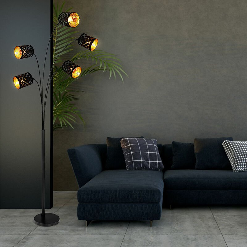 Standleuchte Stehlampe Schlafzimmerleuchte 5-flammig, Textilschirme schwarz vergoldet, Dekorstanzungen, Metall Stoff, 5x...