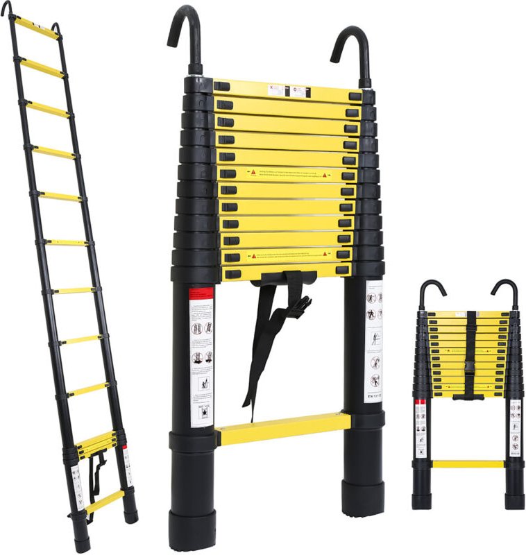 Randaco Teleskopleiter 3,8m mit haken Stehleiter Ausziehleiter Stabil Aluminium bis 150kg