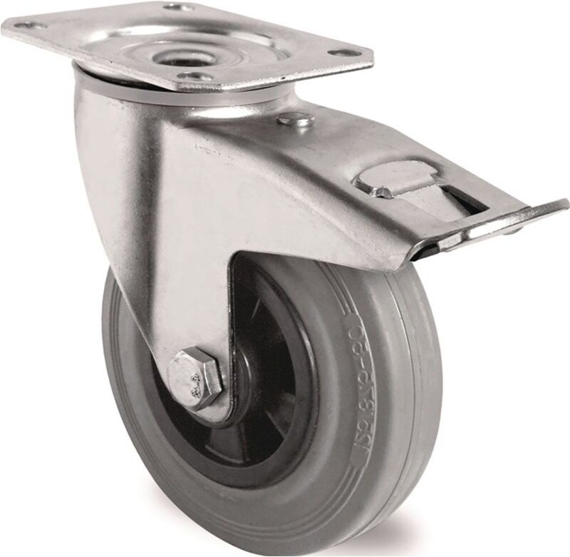 Lenkrolle mit Totalfeststeller Rad-Ø 160 mm Tragfähigkeit 135 kg mit Anschraubplatte Rollenlager Vollgummi grau