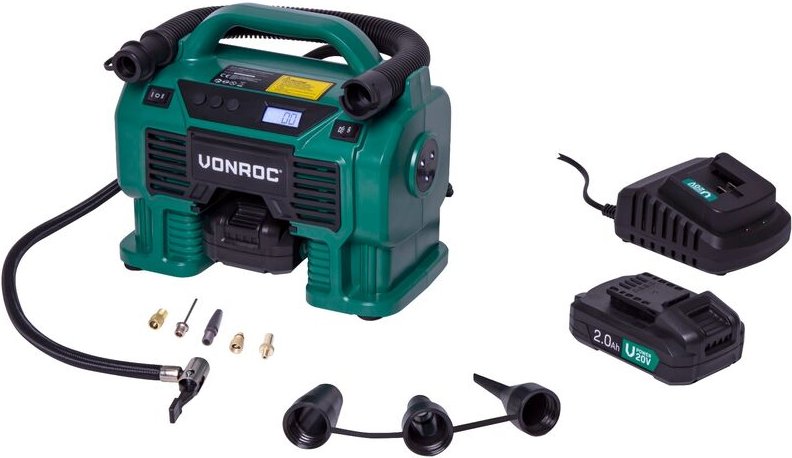 Vonroc - Akku-Kompressor 20V - 20V Akku und 12V Zigarettenanzünder-Stecker – Befüll- und Entleerungsfunktion - Max. Arbe...