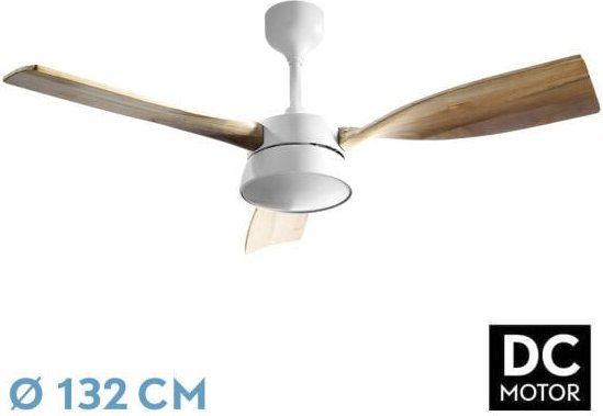 Fabrilamp - Abrila -Ventilator dc estio Weiß Mit dreiLamellen in Buche Farbe 6 einstellbare Geschwindigkeiten 3 Temperat...