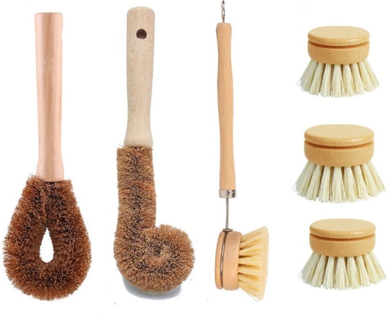 Set mit 6 Spülbürsten aus natürlichem Bambus • Öko-Bürste für Töpfe und Flaschen und umweltfreundlich für Pfannen und Ge...