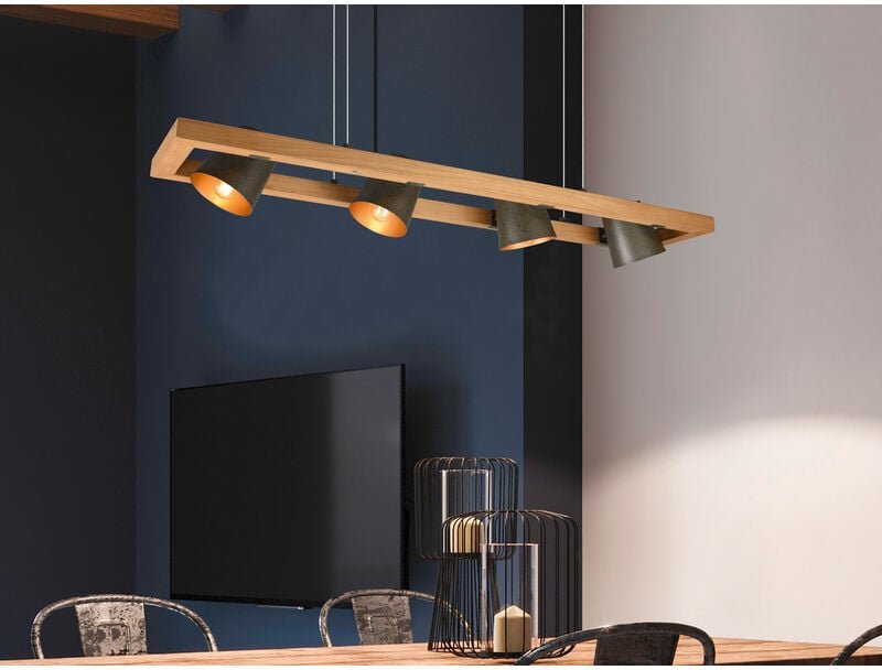 Meinewunschleuchte - led Pendelleuchte 4-flammig Metallschirme schwenkbar im Holzrahmen, b: 100cm