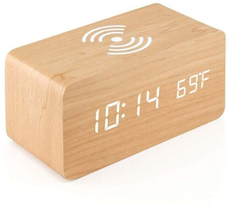 Odipie - Digitaler Thermometer-Wecker, Holz-Digitalwecker, LED-Digital-Holzwecker mit kabellosem Ladegerät, Holzwecker m...
